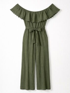 Live To Be Spoiled Off-Shoulder Olive Green Jumpsuit with Pockets Tie Waist - M
